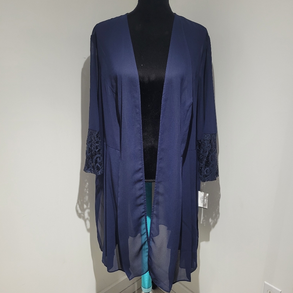 Le Bos Women's Sheer Pleated Lace Trim Duster 20W Navy Blue Formal Wedding NEW